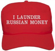 Reb baseball cap emblasoned with "I launder Russian Money"